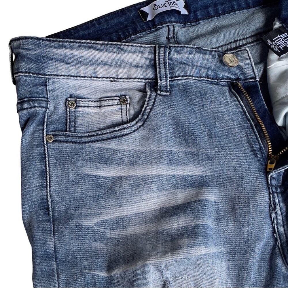 Blue Topic Rhinestone Studded Patch Distressed Denim Jeans Y2K Style - Size 9/10 - Picture 12 of 16
